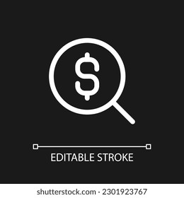 Search for best currency exchange rate pixel perfect white linear ui icon for dark theme. Vector line pictogram. Isolated user interface symbol for night mode. Editable stroke. Arial font used