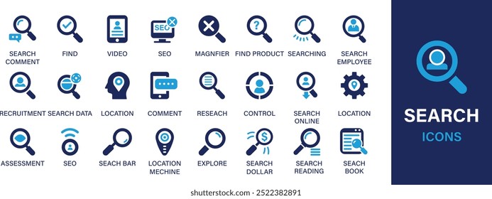Búsqueda mejor conjunto de iconos sólidos colección. Análisis, detective, empleado, investigación, hallazgo, gafas, información y colección.