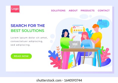 Search for best solutions for business development and achievements. People working on project in team. Teamwork of man woman by laptop. Website or webpage template, landing page, vector illustration