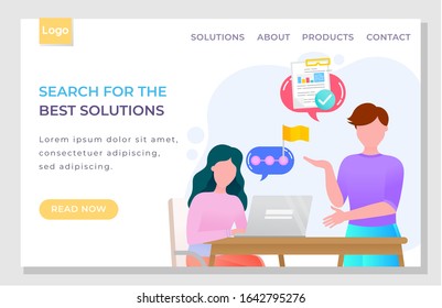 Search for best solutions, webpage template with people working on computer, searching information in internet. Vector illustration people communicating to find best solution, chat and text, research