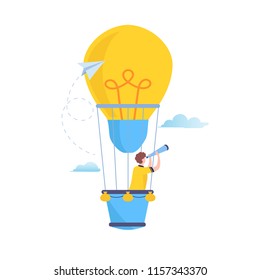 Search to big Idea. Vision, looking for future, Business People flying in a hot air balloon. Flat cartoon illustration vector graphic on white background.
