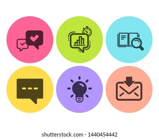 Search book, Approve and Statistics timer icons simple set. Blog, Light bulb and Incoming mail signs. Online education, Accepted message. Education set. Flat search book icon. Circle button. Vector