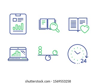 Search book, Balance and Love book line icons set. Graph laptop, Report document and 24 hours signs. Online education, Concentration, Customer feedback. Mobile report. Education set. Vector
