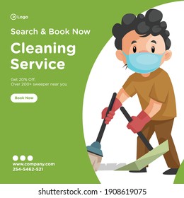 Search And Book Cleaning Service Banner Design. Cleaning Man Is Wearing A Surgical Mask And Holding A Mop In Hand. Vector Graphic Illustration.