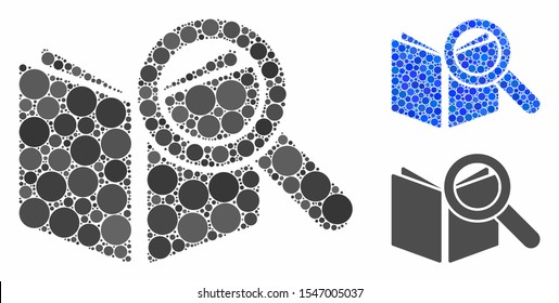 Search book composition of filled circles in variable sizes and color tones, based on search book icon. Vector round dots are grouped into blue composition.