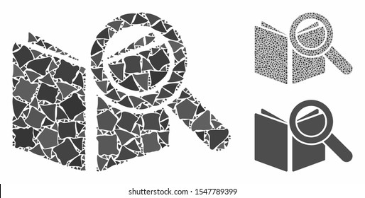 Search book composition of irregular pieces in various sizes and shades, based on search book icon. Vector abrupt pieces are grouped into composition. Search book icons collage with dotted pattern.
