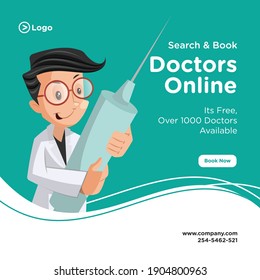 Search and book doctors online banner design. Doctor holding injection in hand. Vector graphic illustration.