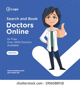 Search and book doctors online banner design. Lady doctor is showing a thumbs-up sign. Vector graphic illustration.