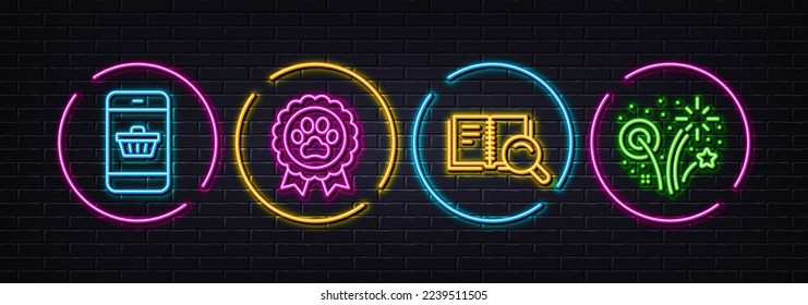 Search book, Dog competition and Smartphone buying minimal line icons. Neon laser 3d lights. Fireworks icons. For web, application, printing. Online education, Winner award, Website shopping. Vector