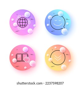 Search book, Eco energy and Smile minimal line icons. 3d spheres or balls buttons. Scroll down icons. For web, application, printing. Online education, Ecology, Chat emotion. Swipe arrow. Vector