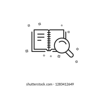 Search in Book line icon. Education symbol. Instruction or E-learning sign. Geometric shapes. Random cross elements. Linear Search Book icon design. Vector