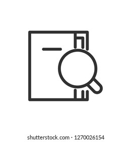 search in the book. magnifier and book. linear icon. Line with editable stroke