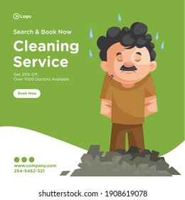 Search and book now cleaning service banner design. Cleaning man is tired. Vector graphic illustration.