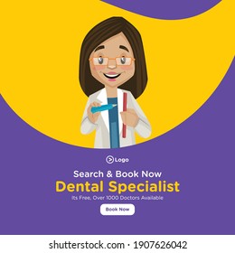 Search and book now dental specialist banner design. Female dentist is holding dental tools in both hands. Vector graphic illustration. 