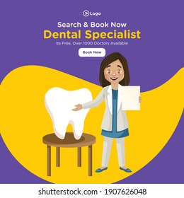 Search and book now dental specialist banner design. Female dentist is showing the prescription of teeth. Vector graphic illustration. 