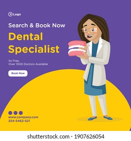 Search and book now dental specialist banner design. Female dentist is holding the dental jaw in her hands. Vector graphic illustration.