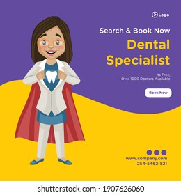 Search and book now dental specialist banner design. Female dentist is wearing a cape and showing teeth on the t-shirt. Vector graphic illustration.