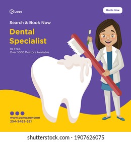 Search and book now dental specialist banner design. Female dentist is holding brushes in both hands and cleaning a tooth. Vector graphic illustration. 