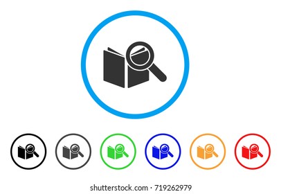 Search Book rounded icon. Style is a flat search book grey symbol inside light blue circle with black, gray, green, blue, red, orange versions. Vector designed for web and software interfaces.
