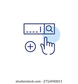 Search boost, query addition. Online bar, finger click and plus. Pixel perfect, editable stroke vector icon