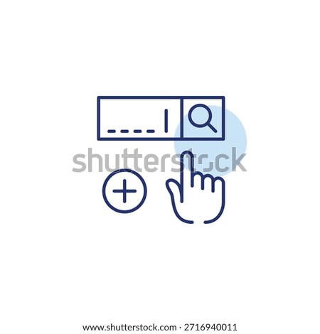 Search boost, query addition. Online bar, finger click and plus. Pixel perfect, editable stroke vector icon