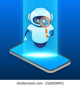 Search bot in cartoon style. Artificial intelligence. Isometric vector. Vector illustration