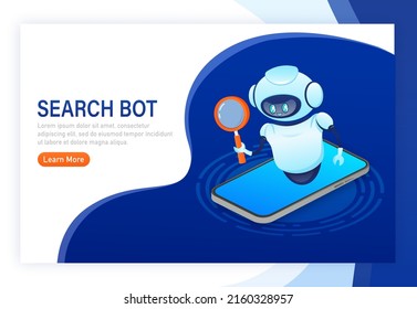 Search bot in cartoon style. Artificial intelligence. Isometric vector. Vector illustration