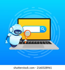 Buscar bot al estilo de las caricaturas. Inteligencia artificial. Vector isométrico. Ilustración del vector