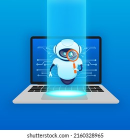 Search bot in cartoon style. Artificial intelligence. Isometric vector. Vector illustration