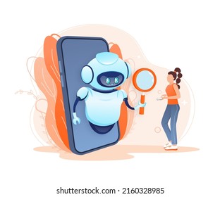 Search bot in cartoon style. Artificial intelligence. Isometric vector. Vector illustration