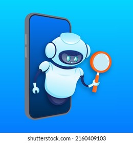 Search bot in cartoon style. Artificial intelligence. Isometric vector. Vector illustration