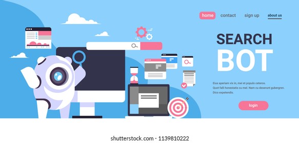search bot seo engine optimization application internet searching concept artificial intelligence flat horizontal banner copy space vector illustration