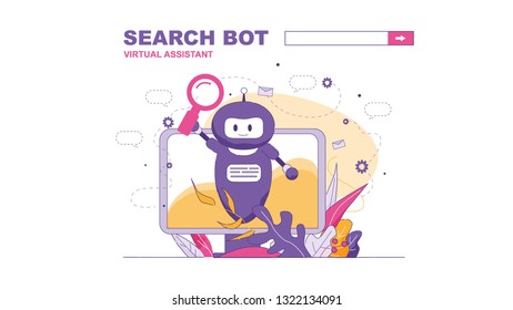 Search Bot Virtual Assistant Vector Illustration Banner. Browser Assistant on Tablet Screen is Program Helps Find Necessary Information. Artificial Intelligence Remembers Technical User Support.