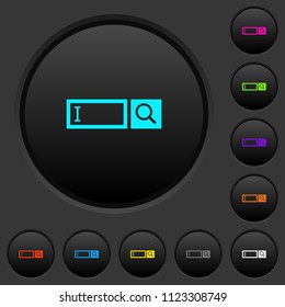 Search box with cursor dark push buttons with vivid color icons on dark grey background