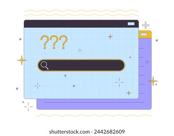 Search box and question marks on website 2D linear cartoon object. Find info online tools isolated line vector element white background. Data seeking technology color flat spot illustration