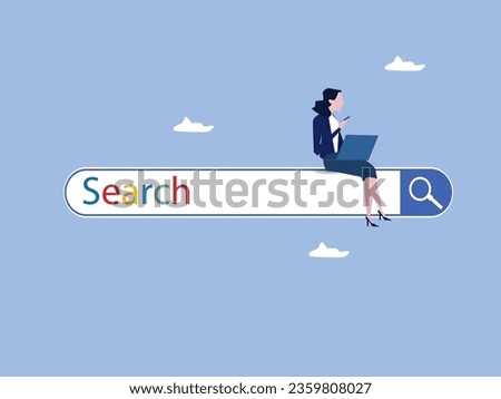 Search box, SEO search engine optimization or finding website from internet, online job or career opportunity concept, woman working with computer laptop on search box with magnifying glass button.
