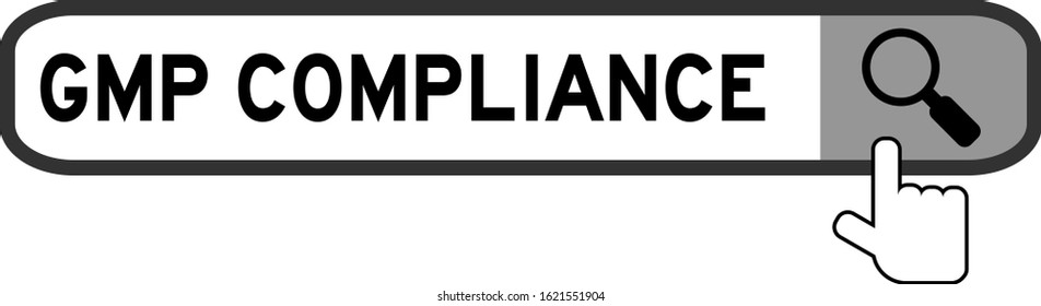 Search box with word GMP (Abbreviation good manufacturing practice) compliance and hand icon over magnifier on white background