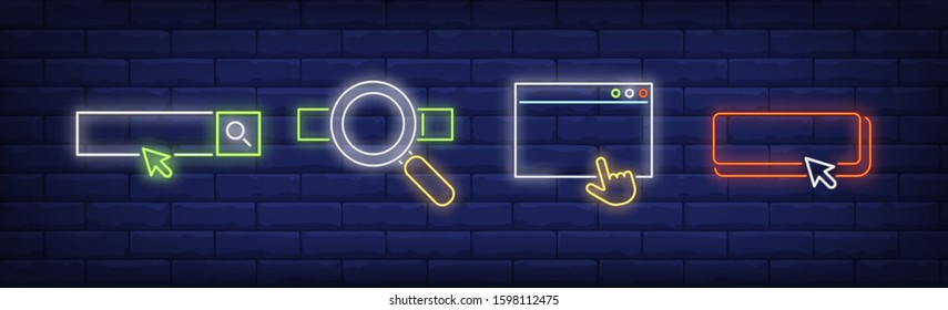 Search boxes neon sign set. Square, oval, rectangular frames with cursor. Vector illustration in neon style, bright banner for topics like webpage, interface, internet store