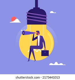 Search and brainstorm concept, creativity and imagination to create, inspiration for new idea, motivated man sitting on swing inside light bulb idea using telescope search new idea