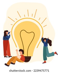 Buscar una idea brillante, start. Una bombilla de luz como símbolo para iniciar tu negocio y lograr tus objetivos. El equipo está buscando ideas de negocios, lluvia de ideas. Ilustración vectorial. 