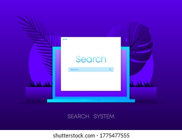 Search browser system concept on dark gradient background. Laptop with envelope, open window browser page internet on screen. Vector illustration.