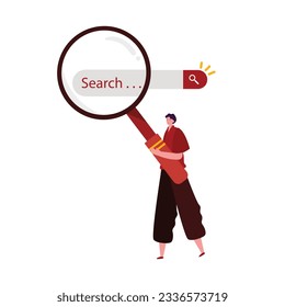 buscador de búsqueda web tecnología de red de internet aplicación de búsqueda página de inicio y niño apuesto con zoom de aumento