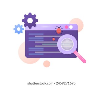 Search for bugs in the program script. coding analysis. look for bugs or security gaps in a system or software. bug bounty. analyzing and troubleshooting. design concept. graphic elements