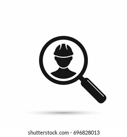 Search for builder man, employees, human resource. Search man with magnifier, vector icon.