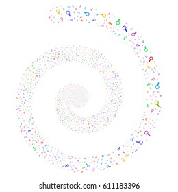 Search burst whirl spiral. Vector bright multicolored scattered objects.