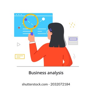 Search for business data concept. Woman with magnifying glass in her hands studies company statistics. Employee analyzes profit schedule. Cartoon flat vector illustration isolated on white background