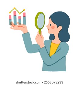 Search for business data concept. Woman with magnifying glass in her hands studies company statistics. Cartoon flat vector illustration isolated on white background