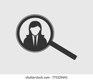 Search Business Employee Icon. Female Symbol with Magnifying Glass Sign. 