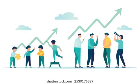 Search for business ideas. brainstorming, searching for creative solutions to problems, children think about solving problems, after a while these children are shown grown up, vector illustration