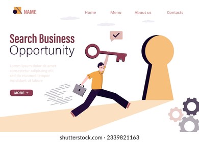 Search business opportunity, landing page template. Businessman fast running to keyhole. Solution to business problems. Smart man with key run go to goal and open opportunities. Vector illustration